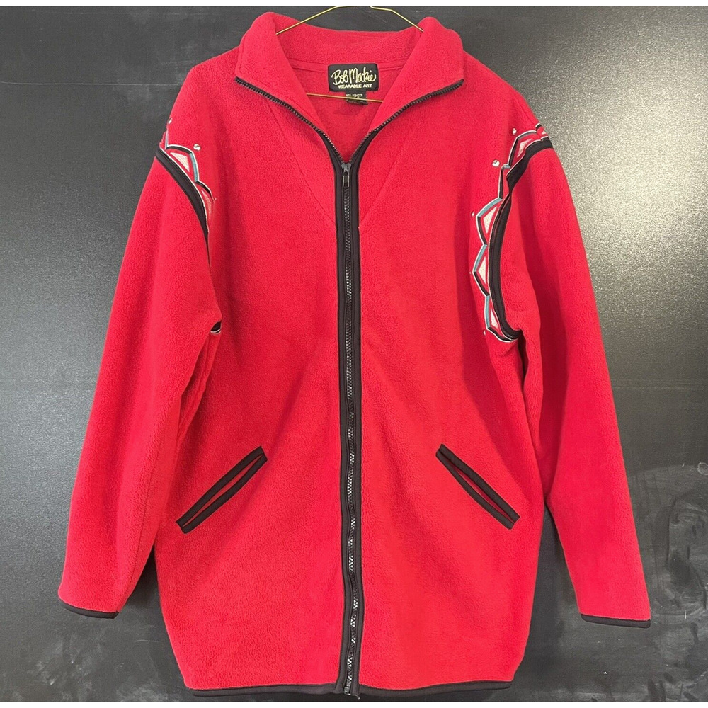 VTG BOB MACKIE Oversize Small Studded Embroidered Red Fleece Jacket Southwestern